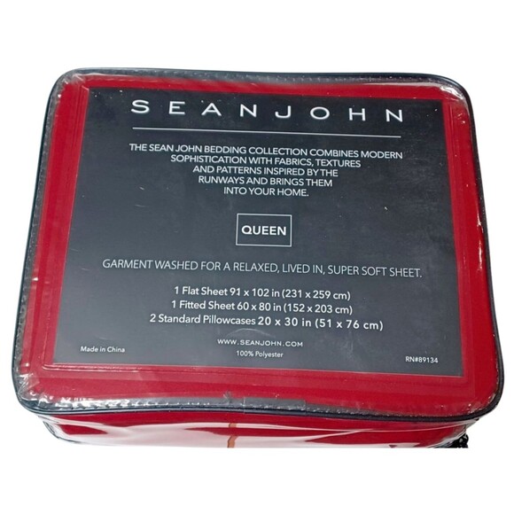 Sean John Ruby Red Garment Washed Super Soft Queen Sheet Set - New in Package - Picture 2 of 3